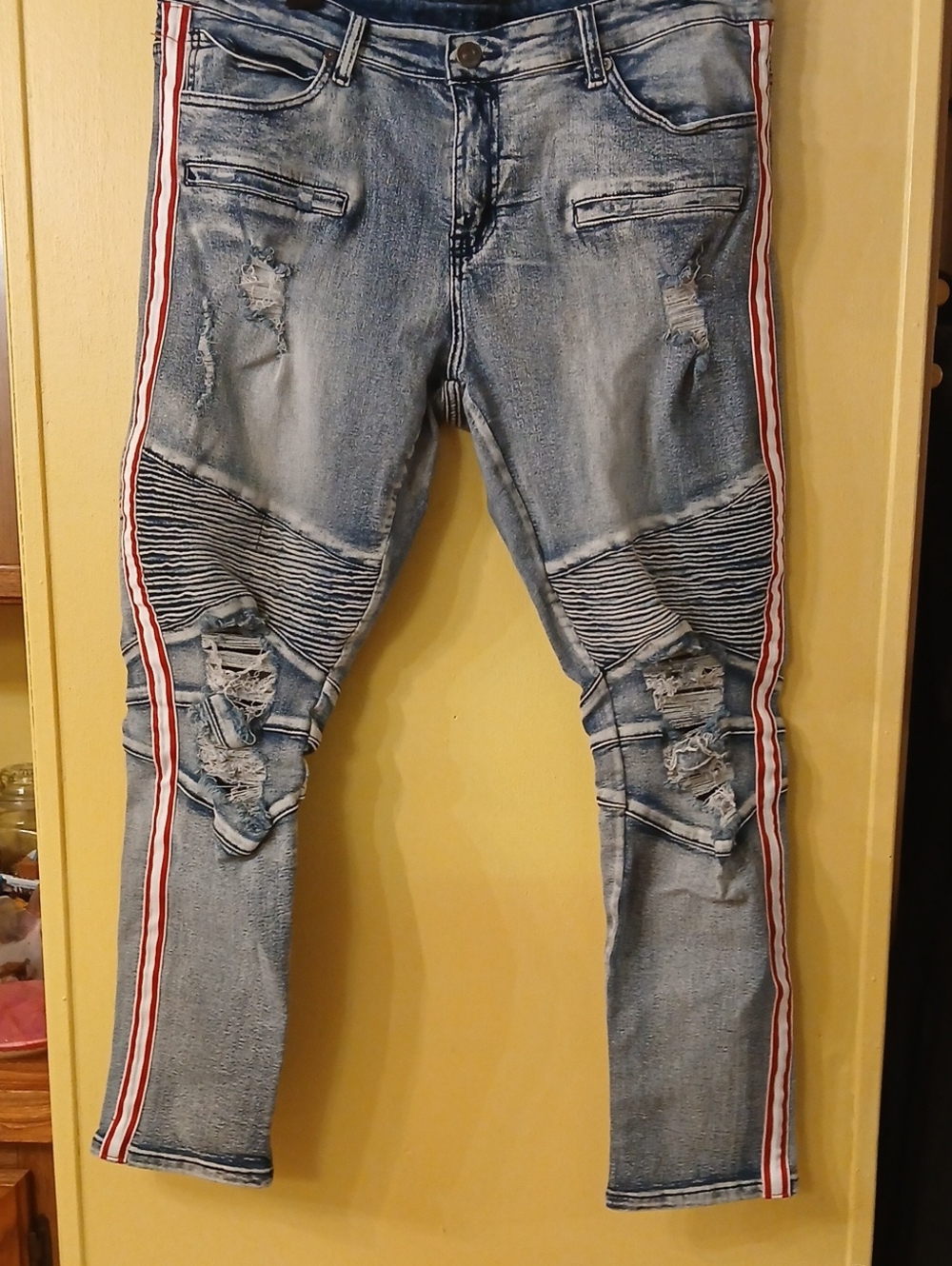 Rue21 Light Blue Skinny Jeans with Red & White Side Stripes